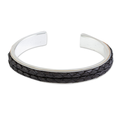 Sterling silver and leather cuff bracelet, 'Rancho Black' - Taxco Silver Hand Crafted Cuff with Black Leather Braid
