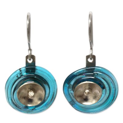 Dichroic art glass dangle earrings, 'Sky Halo' - Hand Made Unique Art Glass Earrings with Sterling Silver