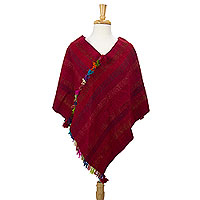 Zapotec wool poncho, 'Strawberry Wine' - Mexican Hand Woven Red Wool Zapotec Women's Poncho