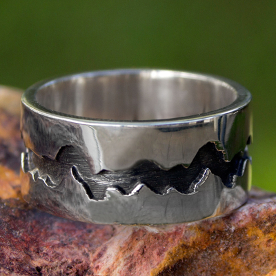 Men's silver band ring, 'Dark River' - Men's Handmade Band Ring of Taxco Silver 950