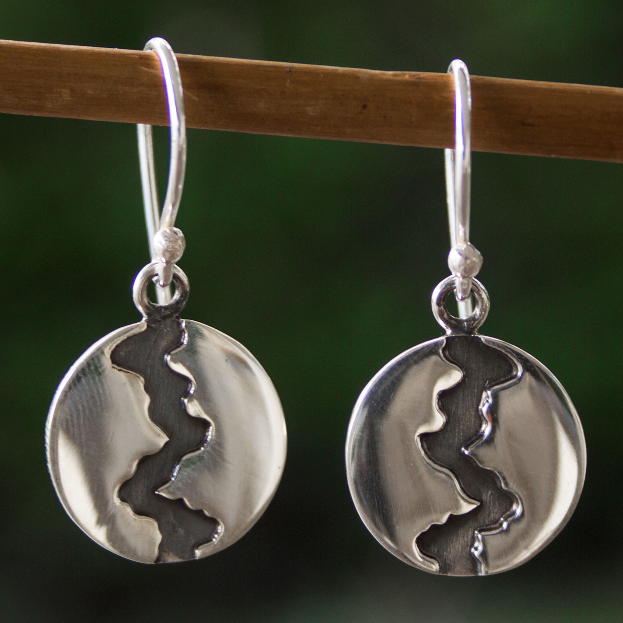 Handmade Taxco Silver 950 Petite Dangle Earrings - Dark River | NOVICA