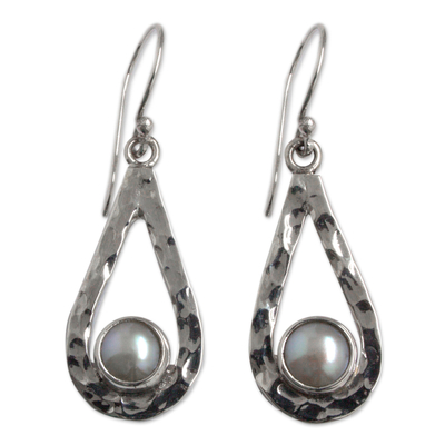 Cultured pearl dangle earrings, 'Luminous Rain' - Handcrafted Textured Taxco Silver and White Pearl Earrings