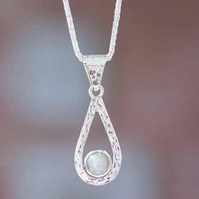 Cultured pearl pendant necklace, 'Luminous Rain' - White Pearl Handcrafted Textured Taxco Silver Necklace