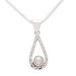 Cultured pearl pendant necklace, 'Luminous Rain' - White Pearl Handcrafted Textured Taxco Silver Necklace