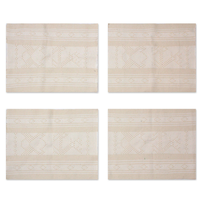 Cotton and silk placemats, 'Beige Myths' (set of four) - Deer and Frog Cotton Silk Hand Woven Placemats Set of 4