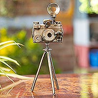 Upcycled metal sculpture, 'Rustic Camera' - Mexico Eco Friendly Recycled Metal Camera Sculpture