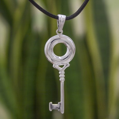 Sterling silver pendant necklace, 'Key to Life' - Mexico Sterling Silver Key Pendant on Black Leather Necklace
