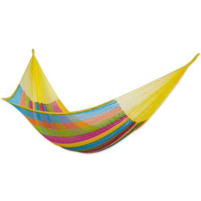 Cotton hammock, 'Yucatan Feast' (double) - Hand Crafted Maya Multi colour Double Cotton Hammock with St