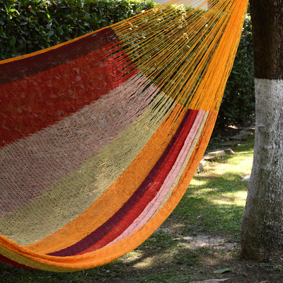 Cotton hammock, 'Tropical Paradise' (double) - Mexican Cotton Double Hammock in Burgundy Pink and Yellow