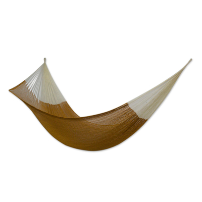 Cotton hammock, 'Caribbean Sun' (triple) - Mexican Hand Woven Yellow-Brown Cotton Hammock Triple Size