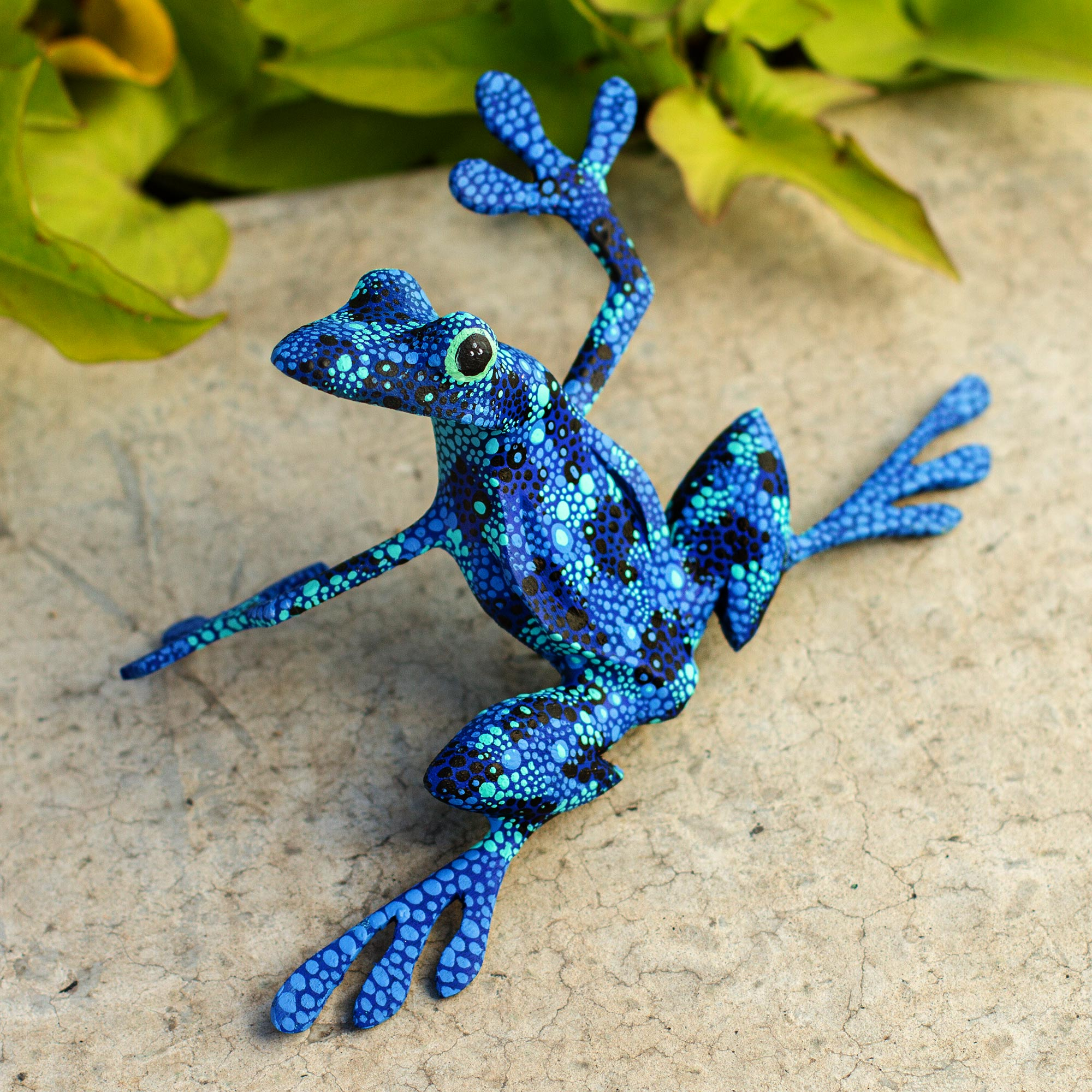 Artisan Crafted Blue Wood Frog Figurine Sculpture, 'Blue Dancing Frog' animal sculpture