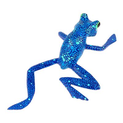 Wood figurine, 'Blue Oaxaca Frog' - Alebrije Style Frog Figurine Wood Sculpture Crafted by Hand