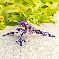 Wood figurine, 'Purple Dancing Frog' - Purple Hand Crafted Alebrije Style Frog Figurine Sculpture