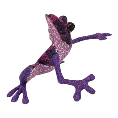 Wood figurine, 'Purple Dancing Frog' - Purple Hand Crafted Alebrije Style Frog Figurine Sculpture
