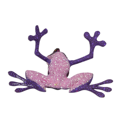estatuilla de madera - Escultura de estatuilla de rana estilo alebrije hecha a mano de color púrpura