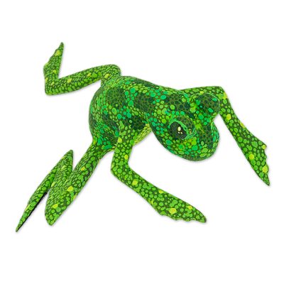 Wood figurine, 'Green Oaxaca Frog' - Green Alebrije Wood Frog Sculpture Painted by Hand
