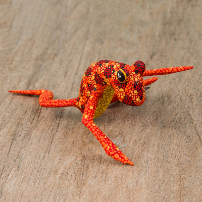 Wood figurine, 'Orange Oaxaca Frog' - Red Orange Alebrije Style Frog Sculpture Crafted by Hand
