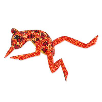 Wood figurine, 'Orange Oaxaca Frog' - Red Orange Alebrije Style Frog Sculpture Crafted by Hand