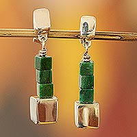 Jade dangle earrings, 'Cubism' - Mexican Sterling Silver and Jade Hand Crafted Earrings