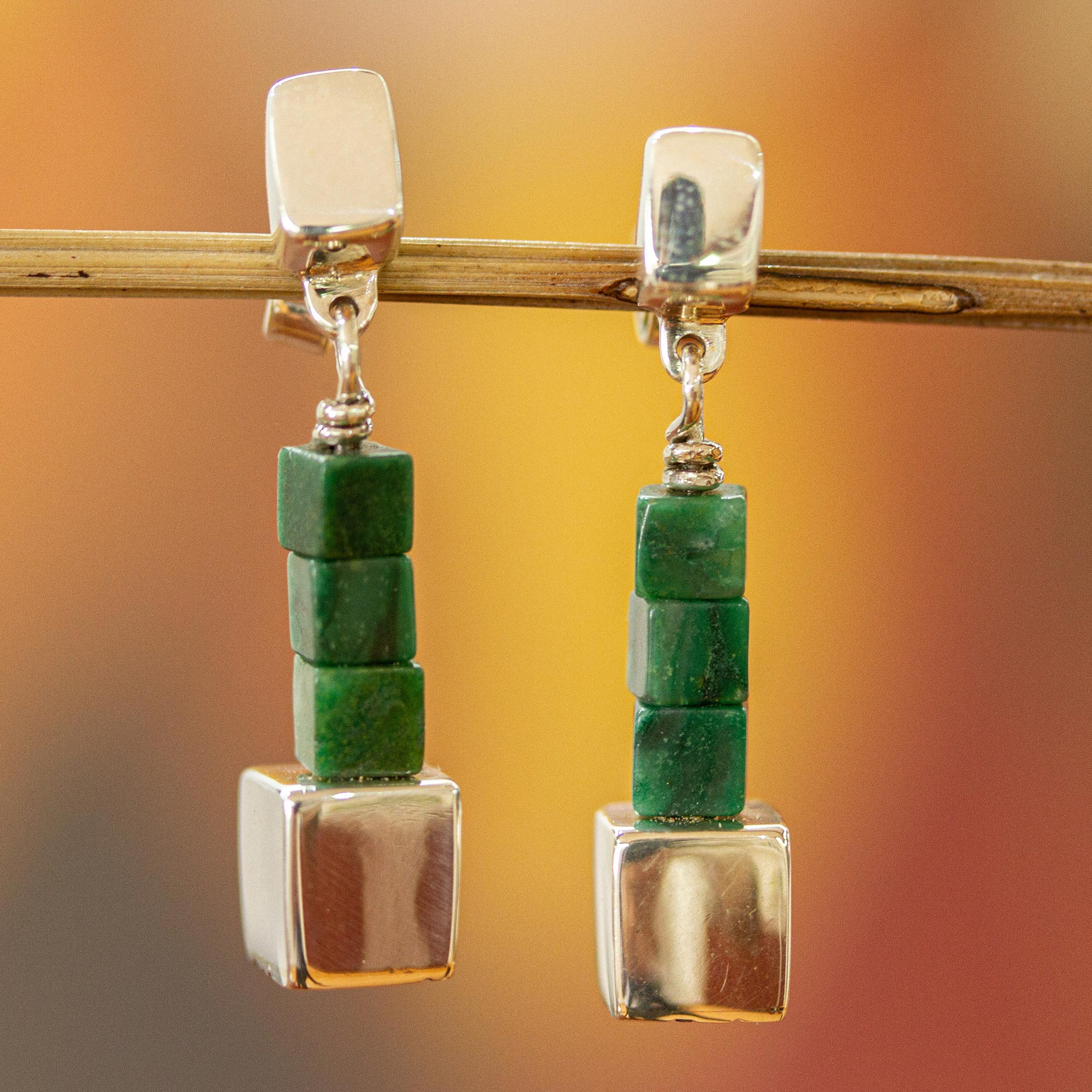 Mexican Sterling Silver and Jade Hand Crafted Earrings, 'Cubism'