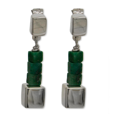 Jade dangle earrings, 'Cubism' - Mexican Sterling Silver and Jade Hand Crafted Earrings