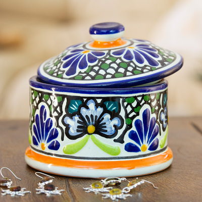 Tañavera-style ceramic box, 'Colonial Lady' - Handcrafted Petite Mexican Talavera Style Ceramic Box