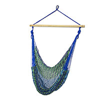 Cotton hammock swing chair, 'Maya Breeze' - Mexican Blue Green Hand Woven Cotton Hammock Swing Chair