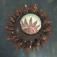 Iron wall lamp, 'Mosaic Eclipse' - Handcrafted Iron Wall Lamp Sculpture with Glass Mosaic Inset