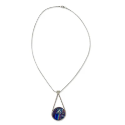 Dichroic art glass pendant necklace, 'Blue Rainbows' - Artisan Crafted Silver and Dichroic Art Glass Necklace