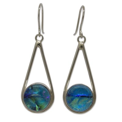 Dichroic art glass dangle earrings, 'Tulum' - Mexican Dichroic Art Glass Handmade Silver Hook Earrings