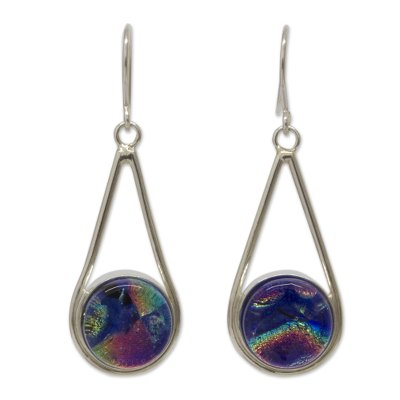 Dichroic art glass dangle earrings, 'Blue Rainbows' - Artisan Crafted Silver and Dichroic Art Glass Hook Earrings