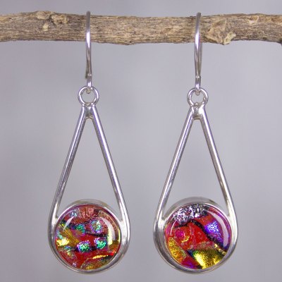 Dichroic art glass dangle earrings, 'Splendor' - Multicolor Dichroic Glass and Silver Dangle Earrings