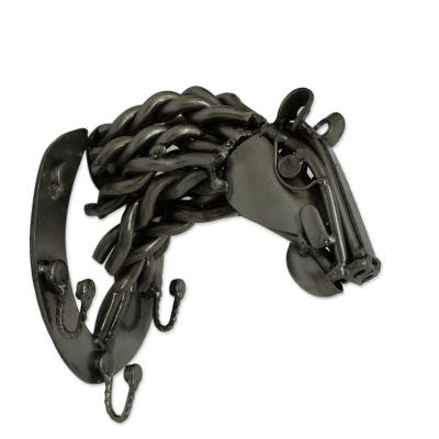 Recycled metal key rack, 'Rustic Racehorse' - Eco Friendly Recycled Metal Horse Coat Hook Key Holder