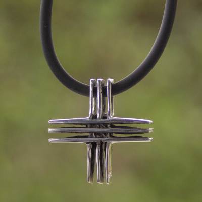 Sterling silver cross necklace, 'Faithful' - Taxco Sterling 925 Silver Cross Necklace with Rubber Cord
