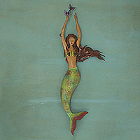 Escultura de pared de hierro, 'Sirena con mariposas' - Escultura de pared de hierro hecha a mano de sirena y mariposa