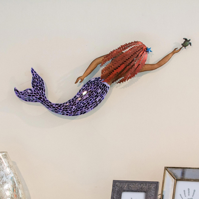 Escultura de pared de mosaico de hierro y vidrio, 'Sirena y tortuga' - Escultura de pared de sirena de mosaico de hierro y vidrio hecha a mano