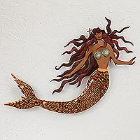 Iron and glass mosaic wall sculpture, 'Ocean Queen' - Handmade Iron and Glass Mosaic Mermaid Wall Sculpture