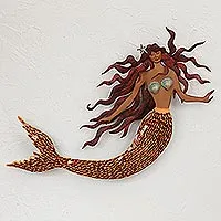 Mosaik-Wandskulptur aus Eisen und Glas, „Ocean Queen“ – handgefertigte Mosaik-Wandskulptur „Meerjungfrau“ aus Eisen und Glas