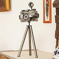 Upcycled metal sculpture, 'Rustic Camera' (large) - Mexico Eco Friendly Upcycled Metal Camera Sculpture
