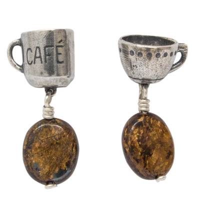 Jasper and Sterling Silver Coffee Theme Dangle Earrings