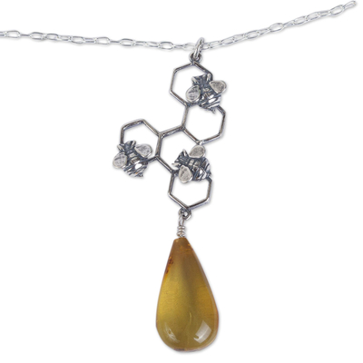 Amber pendant necklace, 'Sweet Honey' - Amber and Sterling Silver Bees in Honeycomb Necklace