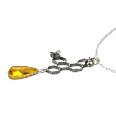 Amber pendant necklace, 'Sweet Honey' - Amber and Sterling Silver Bees in Honeycomb Necklace