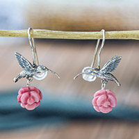 Rhodochrosite flower earrings, 'Hummingbird Treasure' - Silver Hummingbird Earrings with Rhodochrosite Roses