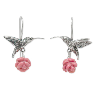 Rhodochrosite flower earrings, 'Hummingbird Treasure' - Silver Hummingbird Earrings with Rhodochrosite Roses
