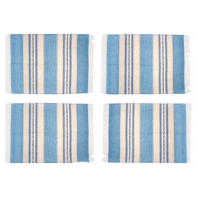 Zapotec cotton placements, 'Oaxaca Sky' (set of 4) - Set of 4 Hand Woven Cotton Blue and Beige Zapotec Placemats