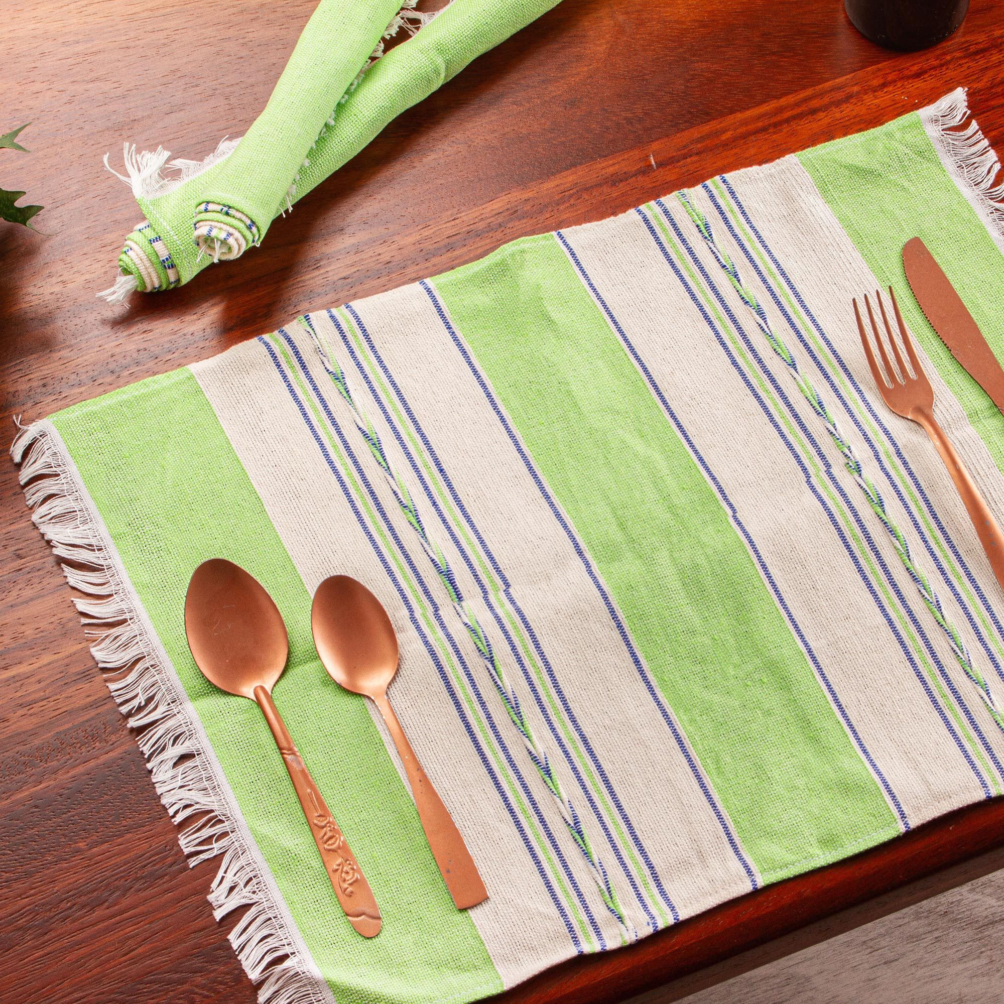 Grüne und beige handgewebte zapotekische Tischsets (4er-Set), 'Oaxaca-Wiese'