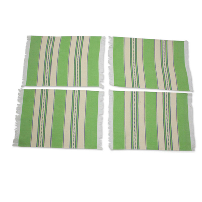 Zapotec cotton placements, 'Oaxaca Meadow' (set of 4) - Green and Beige Hand Woven Zapotec Placemats (Set of 4)
