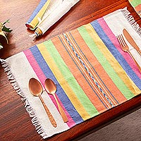 Zapotec cotton placement, 'Fiesta Hues' - Handwoven Placements in Multicolor Stripes
