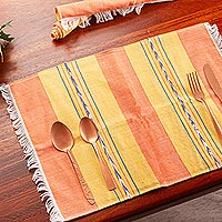 Zapotec cotton placements, 'Oaxaca Sunset' (set of 4) - Zapotec Orange and Yellow Hand-Loomed Placemats (Set of 4)