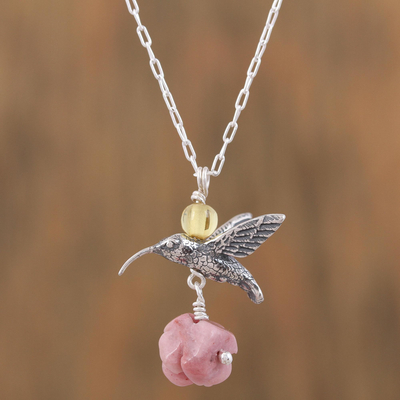 Rhodochrosite and amber flower necklace, Hummingbird Treasure